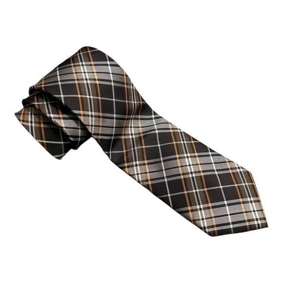 Scott Allan Collection Men’s‎ Brown and Orange Jacquard Woven Plaid Necktie - Picture 1 of 4